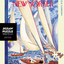 The Regatta jigsaw puzzle by New York Puzzle Company features a colorful illustration of sailboats gliding across a vibrant sea, capturing a lively maritime scene. This puzzle contains 1000 pieces and is made in the USA, perfect for puzzle enthusiasts and collectors.