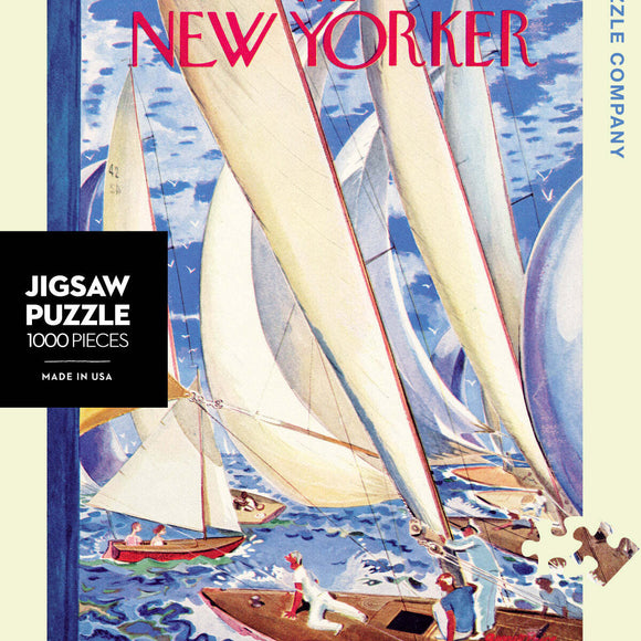 The Regatta jigsaw puzzle by New York Puzzle Company features a colorful illustration of sailboats gliding across a vibrant sea, capturing a lively maritime scene. This puzzle contains 1000 pieces and is made in the USA, perfect for puzzle enthusiasts and collectors.