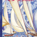 A vibrant jigsaw puzzle titled 'Regatta' by New York Puzzle Company, depicting a lively sailing scene with numerous sailboats on a blue ocean under a bright sky, capturing the essence of a nautical race.
