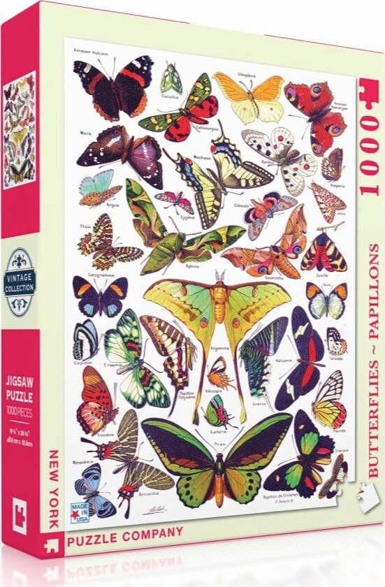 Butterflies ~ Papillons jigsaw puzzle by New York Puzzle Company. The box features a vibrant collage of various butterfly species in colorful designs, ideal for nature lovers and puzzle enthusiasts. Contains 1000 pieces for a challenging yet enjoyable experience.