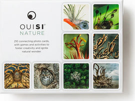 Ouisi Nature game packaging featuring 210 connecting photo cards. The box displays a collage of vibrant images including wildlife, plants, and natural elements, designed for creativity and learning.
