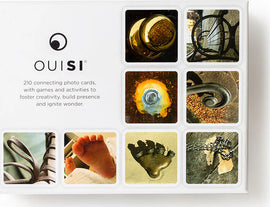 OuiSi Original: Games of Visua game packaging featuring 210 connecting photo cards. The image showcases various photos including a foot, a bolt, and a bicycle, emphasizing creativity and engagement through interactive play.