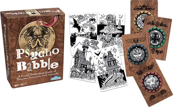 Psychobabble game by Outset Media, featuring a beautifully designed box with a mysterious creature emblem. The game includes intricate cards depicting eerie illustrations of haunted houses, celestial objects, and bizarre landscapes, ideal for social deduction and engaging gameplay.