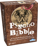 Psychobabble game box featuring intricate artwork of a tentacled creature surrounded by symbols. The title 'Psychobabble' is prominently displayed in large, playful lettering, with a subtitle indicating it’s a social deduction game of dreams, paranoia, and insanity. The box shows details about age suitability (14+) and number of players (4-11).