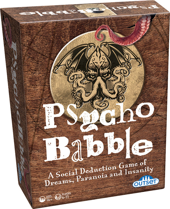 Psychobabble game box featuring intricate artwork of a tentacled creature surrounded by symbols. The title 'Psychobabble' is prominently displayed in large, playful lettering, with a subtitle indicating it’s a social deduction game of dreams, paranoia, and insanity. The box shows details about age suitability (14+) and number of players (4-11).