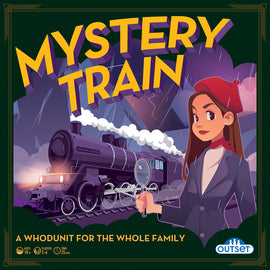 Mystery Train board game by Outset Media featuring a stylish illustration of a confident woman in a red beret holding a magnifying glass in front of a vintage steam train. The game is designed for ages 10 and up, accommodating 2 to 6 players and playable in about 25 minutes. The packaging showcases the adventurous theme of a whodunit mystery on a train, making it an engaging family game.
