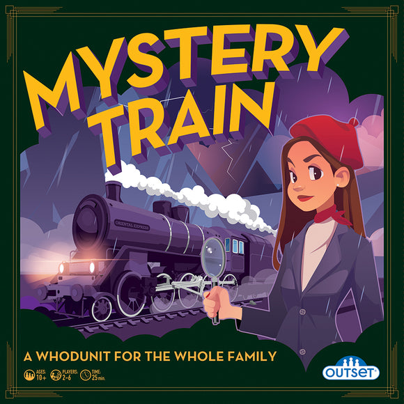 Mystery Train board game by Outset Media featuring a stylish illustration of a confident woman in a red beret holding a magnifying glass in front of a vintage steam train. The game is designed for ages 10 and up, accommodating 2 to 6 players and playable in about 25 minutes. The packaging showcases the adventurous theme of a whodunit mystery on a train, making it an engaging family game.