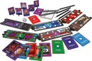 The Mystery Train game by Outset Media is displayed, featuring vibrant game components including character cards, dice, and game boards, all designed for mystery-solving fun.