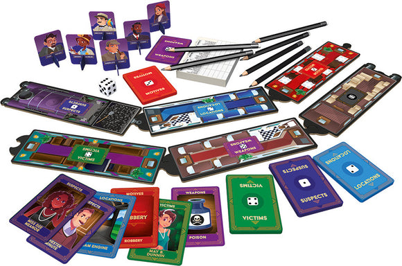 The Mystery Train game by Outset Media is displayed, featuring vibrant game components including character cards, dice, and game boards, all designed for mystery-solving fun.
