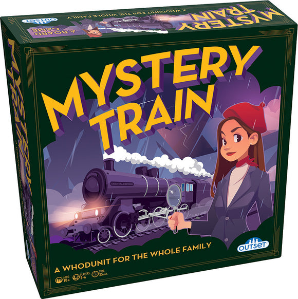 The box cover of the game 'Mystery Train' by Outset Media, featuring a whimsical illustration of a steam locomotive and a detective in a red hat holding a magnifying glass. The scene is set against a colorful backdrop with stylized clouds, emphasizing the game's mystery theme. Text on the box reads 'MYSTERY TRAIN: A Whodunit for the Whole Family'.