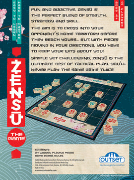 Zensu game by Cheatwell Games displayed on a colorful game board featuring 24 wooden playing pieces. The board showcases a strategic layout with distinct areas for player movements, emphasizing its blend of tactical gameplay and skill. Ideal for 2 players aged 8 and up, the game promotes strategic planning and stealth.