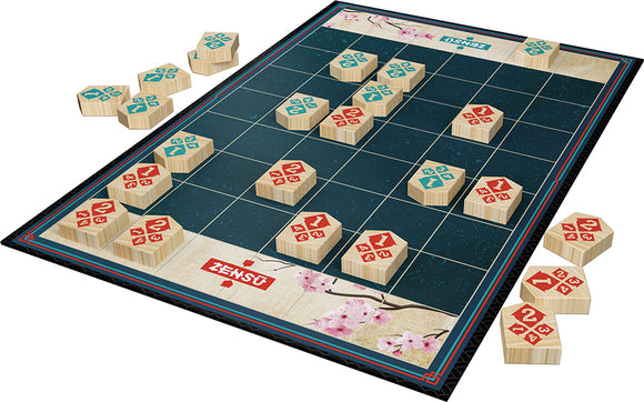 Zensu game by Cheatwell Games displayed on a vibrant board. The board features a grid with intricately designed wooden pieces in various colors, illustrating the game's strategic layout. Cherry blossom motifs enhance the aesthetic. A few pieces are set aside, indicating an engaging gameplay experience.