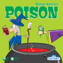 Box cover of Reiner Knizia's Poison game by Outset Media. Features a witch wearing a blue hat holding a potion book, with an owl on her arm. A bubbling cauldron filled with red liquid is depicted along with a hand holding a green potion bottle. Bright green background enhances the whimsical theme of this fun family game for 3-6 players aged 8 and up.