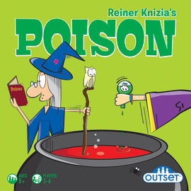 Box cover of Reiner Knizia's Poison game by Outset Media. Features a witch wearing a blue hat holding a potion book, with an owl on her arm. A bubbling cauldron filled with red liquid is depicted along with a hand holding a green potion bottle. Bright green background enhances the whimsical theme of this fun family game for 3-6 players aged 8 and up.
