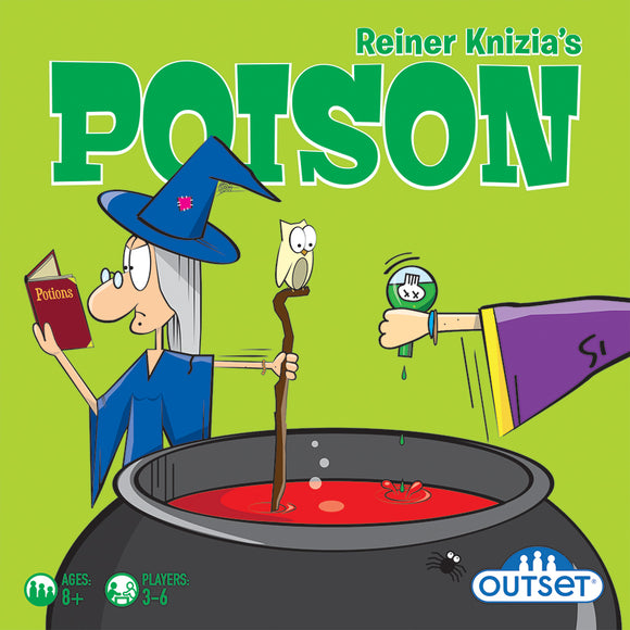 Box cover of Reiner Knizia's Poison game by Outset Media. Features a witch wearing a blue hat holding a potion book, with an owl on her arm. A bubbling cauldron filled with red liquid is depicted along with a hand holding a green potion bottle. Bright green background enhances the whimsical theme of this fun family game for 3-6 players aged 8 and up.