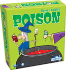 Box art for Reiner Knizia's Poison game by Outset Media, featuring colorful illustrations of a wizard, a pot of red liquid, and playful, whimsical characters. The box includes details on age suitability (8+) and player count (3-6).