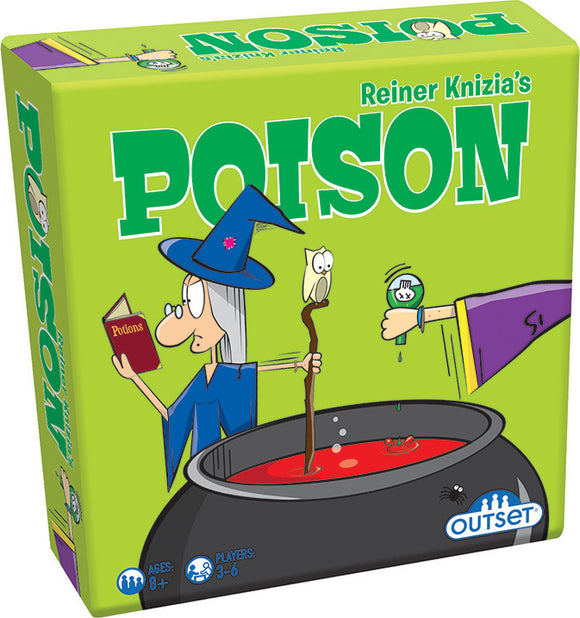 Box art for Reiner Knizia's Poison game by Outset Media, featuring colorful illustrations of a wizard, a pot of red liquid, and playful, whimsical characters. The box includes details on age suitability (8+) and player count (3-6).