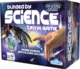 Blinded by Science trivia game box by Outset Media, featuring a vibrant cosmic design with robotic hands reaching toward planets and stars. The box highlights 'For Science Lovers!' and includes details about the game for ages 14 and up, designed for 2 or more players, and emphasizes a blend of science and culture.