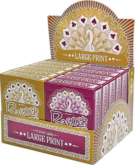Display of Large Print Playing Cards made by Outset Media. The box features vibrant colors and intricate designs with a peacock motif. Ideal for easy reading and accessibility in games.