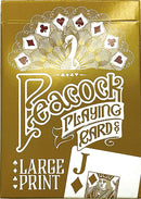 A beautifully designed deck of large print playing cards by Outset Media. The packaging features an elegant peacock design with gold accents and vibrant card symbols. Ideal for easy reading and enhanced gameplay experience.
