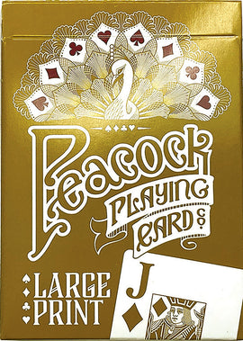 A beautifully designed deck of large print playing cards by Outset Media. The packaging features an elegant peacock design with gold accents and vibrant card symbols. Ideal for easy reading and enhanced gameplay experience.