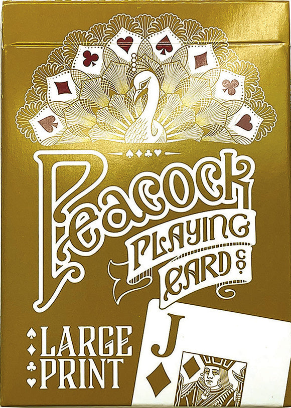 A beautifully designed deck of large print playing cards by Outset Media. The packaging features an elegant peacock design with gold accents and vibrant card symbols. Ideal for easy reading and enhanced gameplay experience.