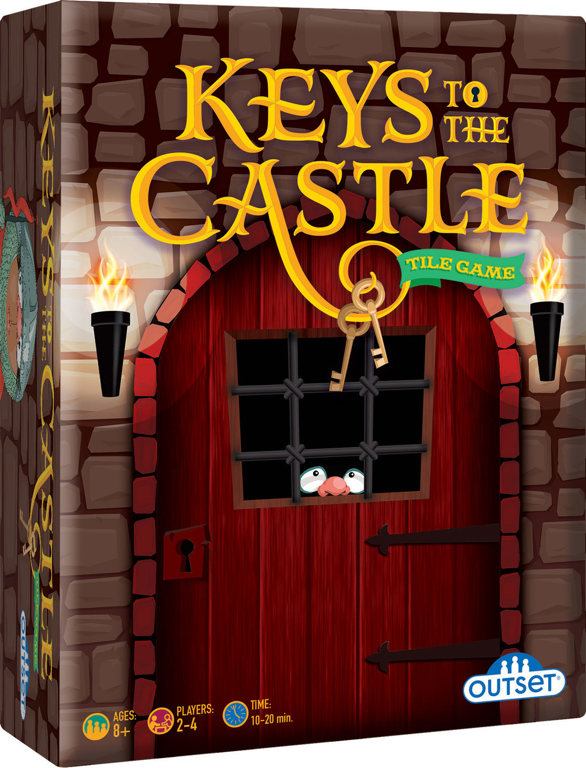 The 'Keys to the Castle' tile game by Cobble Hill, featuring a vibrant box design with a castle door and a character peeking through the barred window. Emphasizes fun for players ages 8 and up, suitable for 2-4 players, with a playtime of 10-20 minutes.