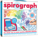 The Original Spirograph Deluxe Set by Kahootz. The image displays the colorful geometric designs created with spirograph gears, the durable storage case, and included tools such as pens, putty, and design sheets. The packaging highlights the set's 45+ pieces and its suitability for ages 8 and up, showcasing a vibrant array of intricate patterns that can be generated.