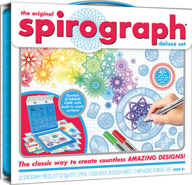 The Original Spirograph Deluxe Set by Kahootz. The image displays the colorful geometric designs created with spirograph gears, the durable storage case, and included tools such as pens, putty, and design sheets. The packaging highlights the set's 45+ pieces and its suitability for ages 8 and up, showcasing a vibrant array of intricate patterns that can be generated.