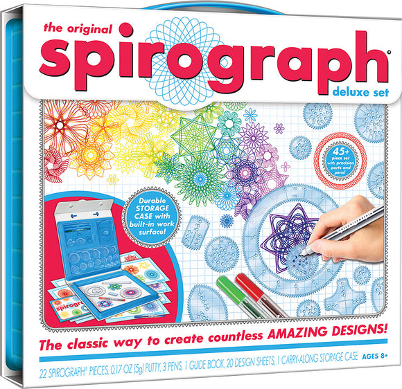 The Original Spirograph Deluxe Set by Kahootz. The image displays the colorful geometric designs created with spirograph gears, the durable storage case, and included tools such as pens, putty, and design sheets. The packaging highlights the set's 45+ pieces and its suitability for ages 8 and up, showcasing a vibrant array of intricate patterns that can be generated.
