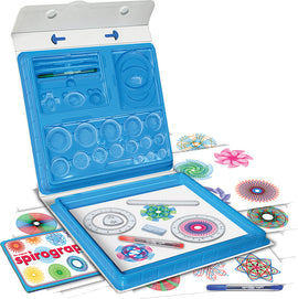 The Original Spirograph Deluxe Set by Kahootz displayed in an opened blue carrying case. The kit includes colorful circular templates, a drawing board, a red pen, various gears, and several completed spirograph designs in vibrant colors spread around.