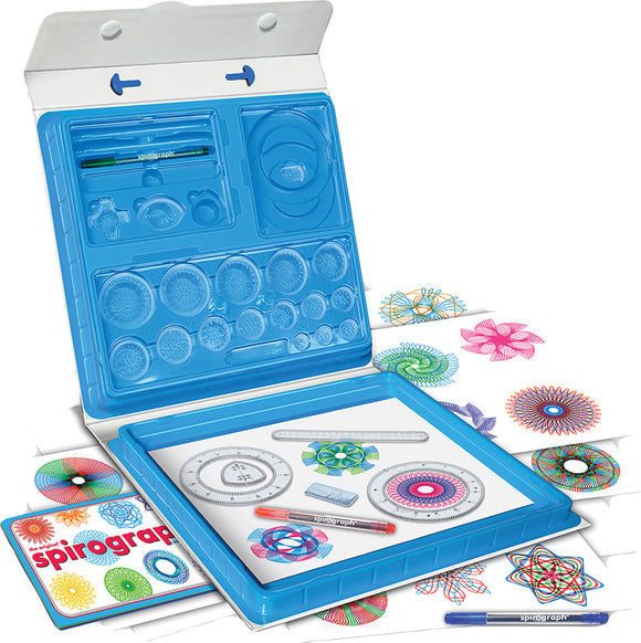 The Original Spirograph Deluxe Set by Kahootz displayed in an opened blue carrying case. The kit includes colorful circular templates, a drawing board, a red pen, various gears, and several completed spirograph designs in vibrant colors spread around.