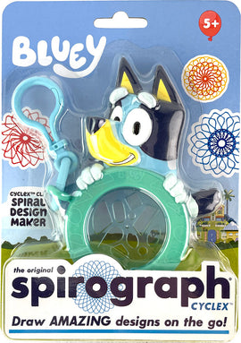 The Bluey Spirograph Keychain by PlayMonster features a colorful design featuring Bluey, the adorable blue heeler from the animated series. The keychain is accompanied by a circular drawing tool for creating spiral art. It includes a clip for easy attachment to bags or keys. Perfect for ages 5 and up, this fun DIY kit allows kids to explore creativity and design on the go.