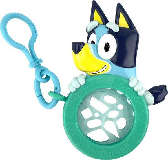 Bluey Spirograph keychain features the playful Bluey character holding a colorful spirograph design tool. The keychain is made of durable material and includes a convenient clip for easy attachment to bags or backpacks, perfect for creative kids who enjoy arts and crafts.