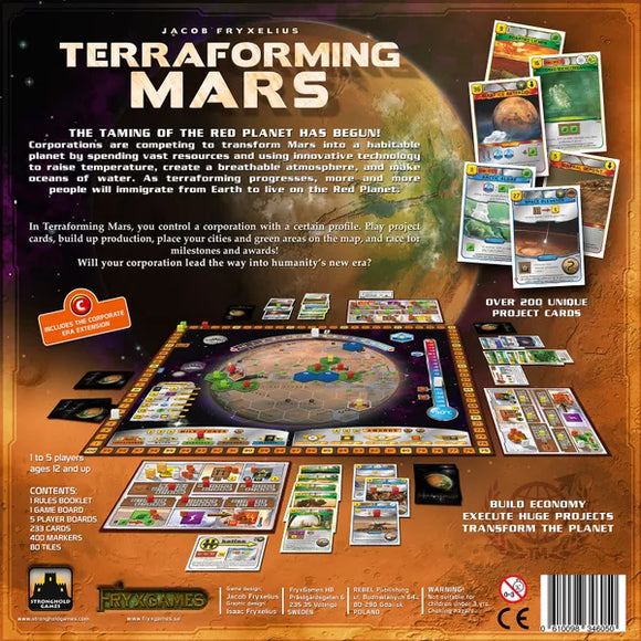 Back view of the Terraforming Mars board game by Stronghold Games, showcasing the game board, cards, resources, and setup information. The vibrant design features illustrations of Mars and various game components, inviting players to strategize in a quest to terraform the planet.