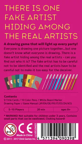 Back of Game box for A Fake Artist Goes to New York with colorful cards and markers on a pink background