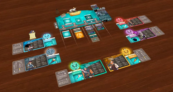 Setup for We're Sinking! Player cards and tokens laid out on a table
