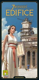 The box cover of the board game '7 Wonders: Edifice' by Asmodee featuring a woman in white attire holding construction materials, with an ancient building under construction in the background.