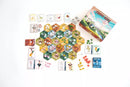 Farms Race Game Setup with Cards, Tiles, Wooden Pieces, Dice, and Box