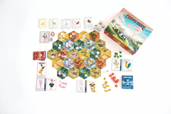 Farms Race Game Setup with Cards, Tiles, Wooden Pieces, Dice, and Box