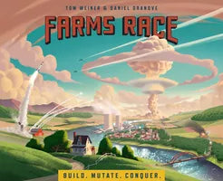 Farms Race Board Game Front of Box displaying a river, farmland with launching rockets, and a mushroom cloud in the background