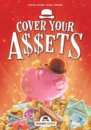 Cover Your Assets game box with a pink piggy bank, coins, and property cards on a red background.