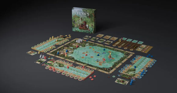 A fully set up game board for Feya's Swamp, with the box in the background.