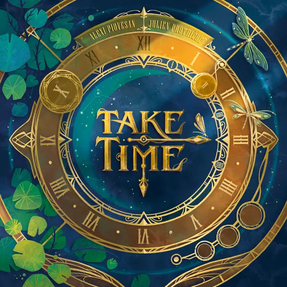Take Time cooperative board game front of box, golden text on a blue background surrounded by a clock with Roman Numerals I through XII