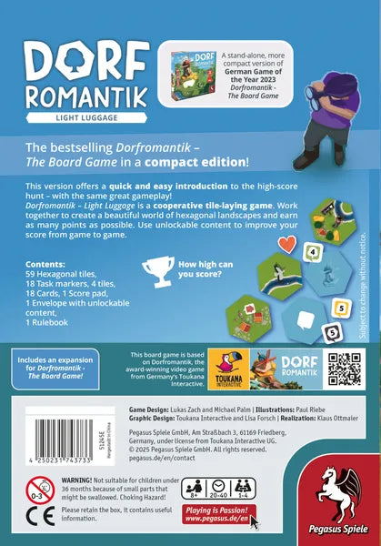 Back cover of a board game packaging for 'Dorfromantik Light Luggage' with game components and branding.