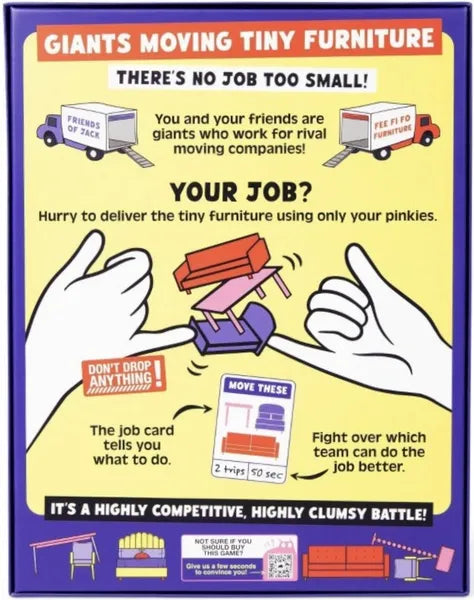 Game box for 'Giants Moving Tiny Furniture' with cartoon hands and furniture illustrations.