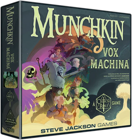 Board game box for 'Munchkin Vox Machina' by Steve Jackson Games with colorful artwork on a dark background.