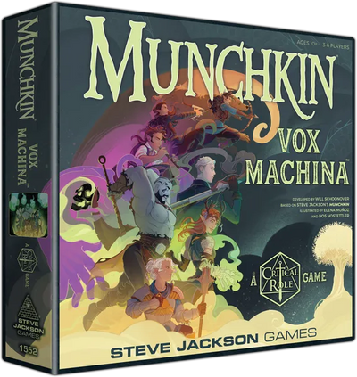 Board game box for 'Munchkin Vox Machina' by Steve Jackson Games with colorful artwork on a dark background.