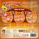 Game box for 'Purrramid' with instructions and graphics on dice and board layout.