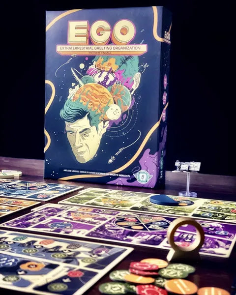 A game of EGO with the game box propped up in the background